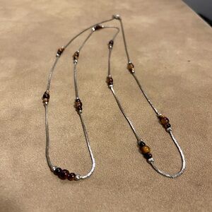 Sterling Silver Beaded Layered Necklace with Brown Tiger Eye Accents